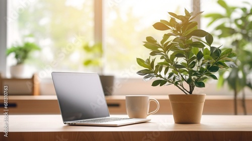 minimalistic work area on a wooden table, clean workspace. laptop screen empty,coffee cup and a beautifully defocused potted plant in the background, laptop in the window
