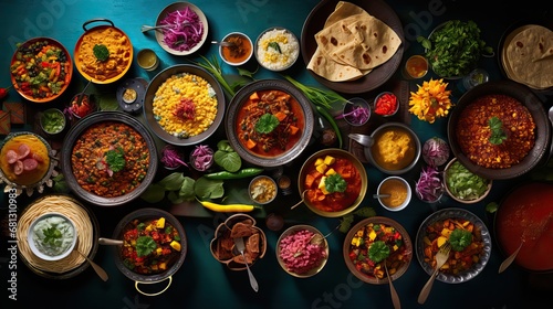 A series of exotic food dishes, full of colors and flavors due to their unique ingredients and spices from around the world, Generative AI.