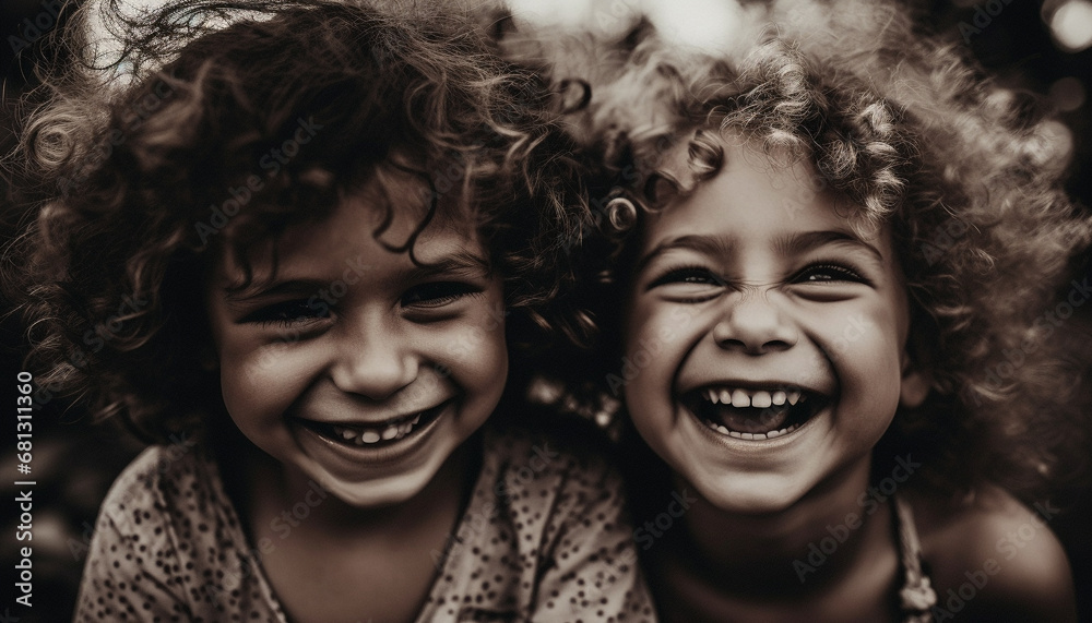 Two boys and a girl, siblings, smiling in nature generated by AI Two boys and a girl, siblings, smiling in nature generated by AI
