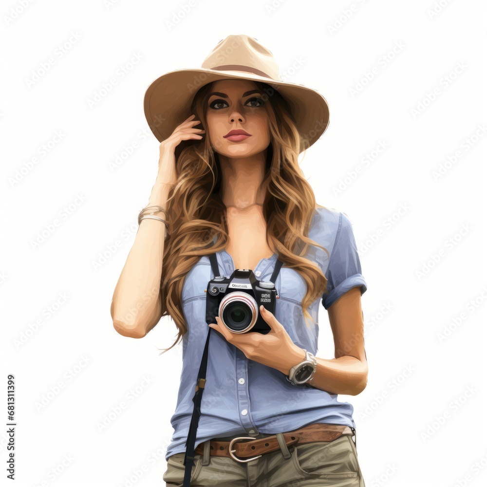 A Captivating Moment: A Woman Adorned with a Hat, Embracing a Camera in Her Hands A Captivating Moment: A Woman Adorned with a Hat, Embracing a Camera in Her Hands
