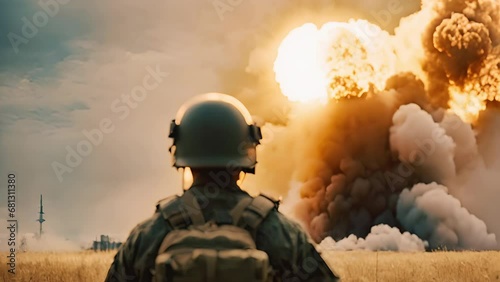 Unrecognizable military man standing back with the gun looking at nuclear explosion. Horrifying picture of war in Palestine. Missile strike explosion. Smoke raising over the destroyed city country. photo