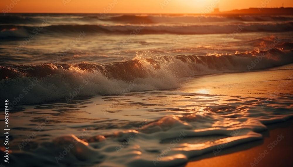 Tranquil scene, horizon over water, splashing waves, nature beauty generated by AI Tranquil scene, horizon over water, splashing waves, nature beauty generated by AI