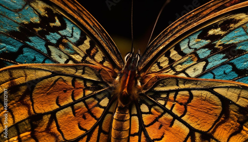Vibrant yellow and blue butterfly spreads wings in close up macro generated by AI