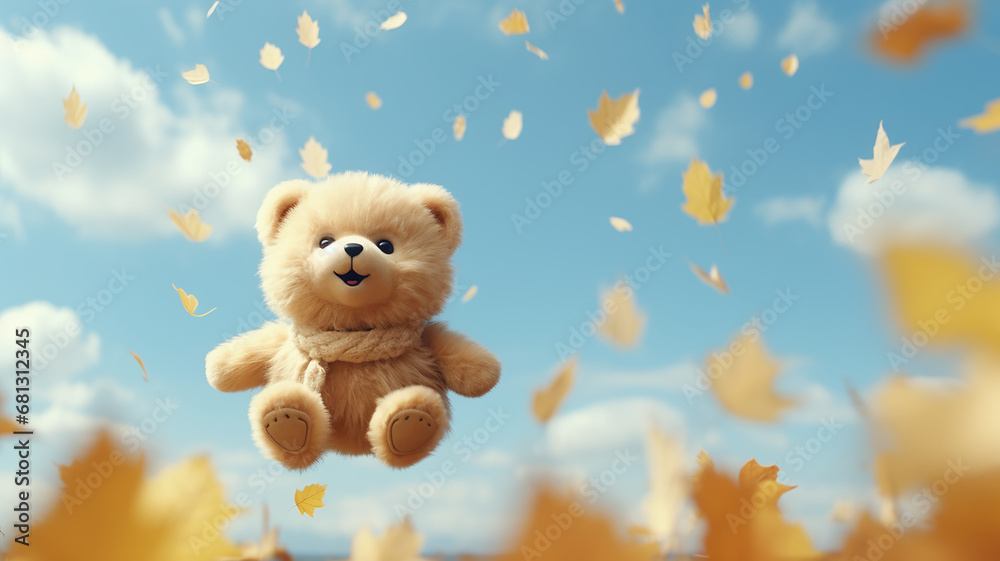 plush bear toy in the blue sky with fallen yellow leaves, seasonal calendar change october, generated abstract children's toy plush bear toy in the blue sky with fallen yellow leaves, seasonal calendar change october, generated abstract children's toy