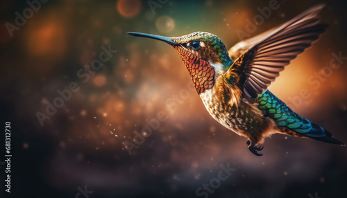Hummingbird hovering, spreading iridescent wings, pollinating vibrant flowers outdoors generated by AI