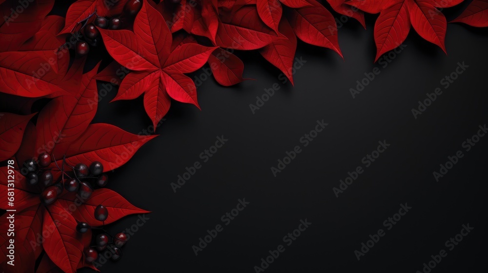 vibrant red leaves on black background, leaving a wide copy space