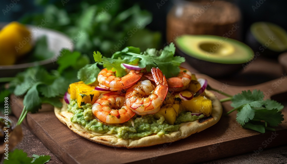 Fresh guacamole with avocado, tomato, and cilantro on wooden plate generated by AI Fresh guacamole with avocado, tomato, and cilantro on wooden plate generated by AI