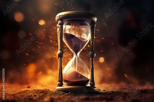 antique hourglass with sand trickling amidst glowing embers