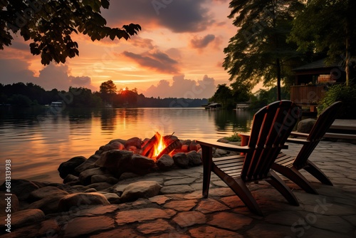 Canvas Print Serene lakeside campfire at sunset with cozy Adirondack chairs