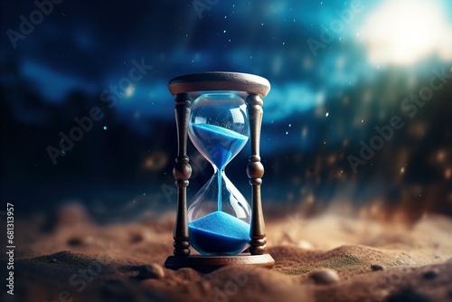 mystical blue sand hourglass on celestial background