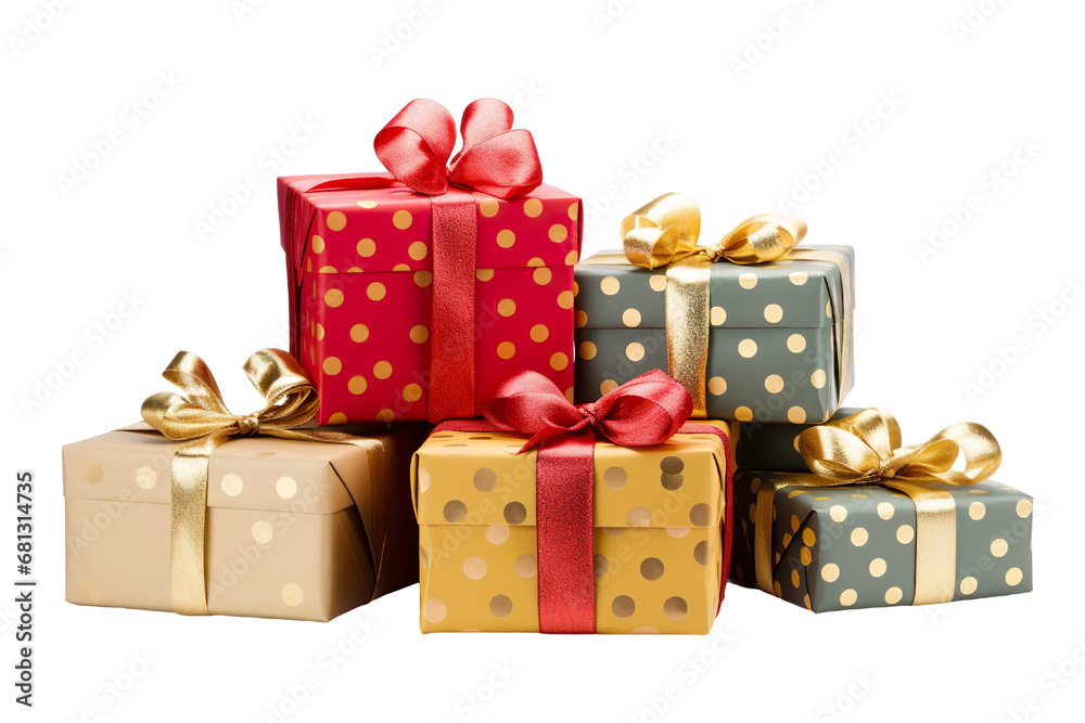 Fototapeta premium a group of christmas gifts piled, pois colors, and gold isolated on white background isolated PNG