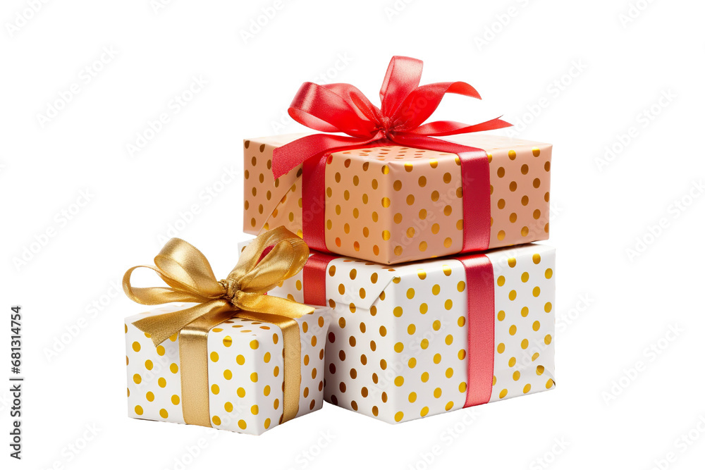 a group of christmas gifts piled, pois colors, and gold isolated on white background isolated PNG a group of christmas gifts piled, pois colors, and gold isolated on white background isolated PNG