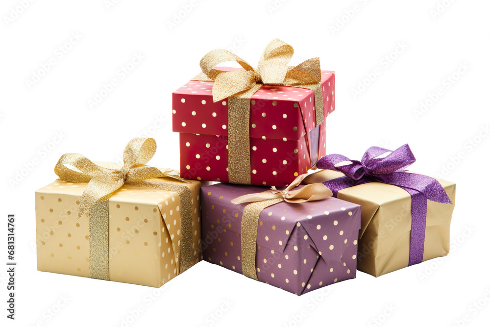 Fototapeta premium a group of christmas gifts piled, pois colors, and gold isolated on white background isolated PNG