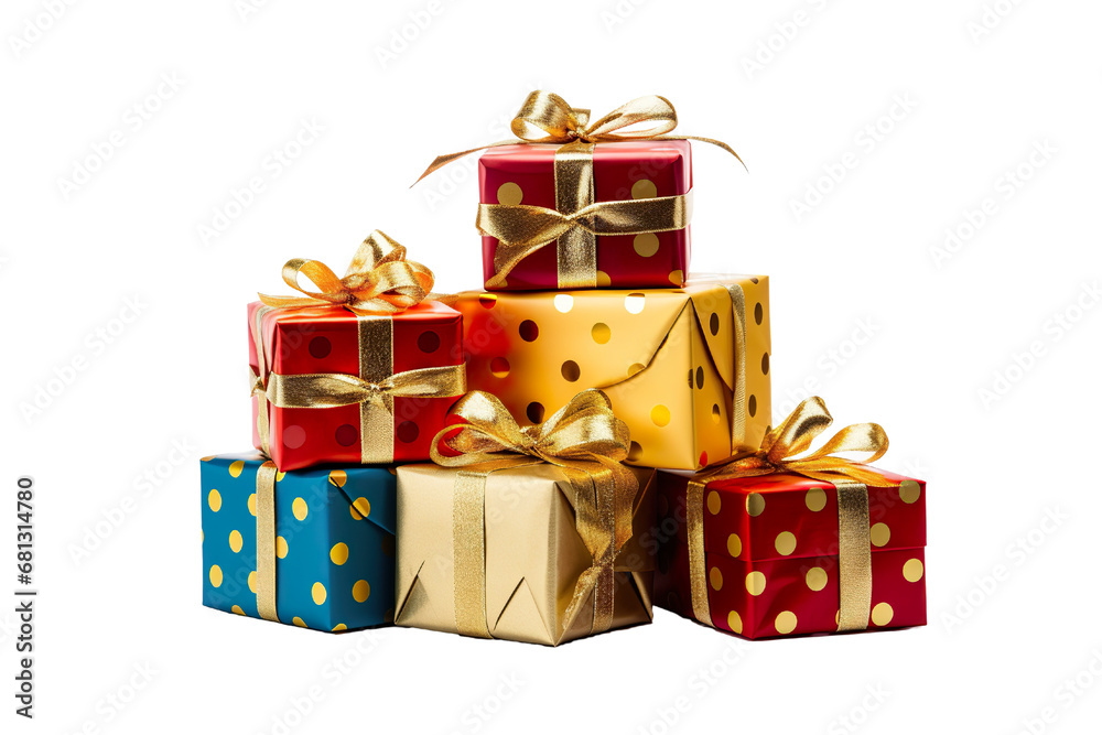 Fototapeta premium a group of christmas gifts piled, pois colors, and gold isolated on white background isolated PNG