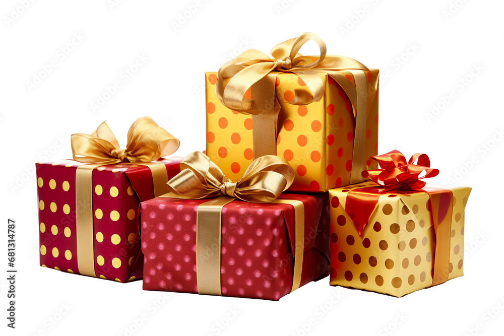 Fototapeta premium a group of christmas gifts piled, pois colors, and gold isolated on white background isolated PNG