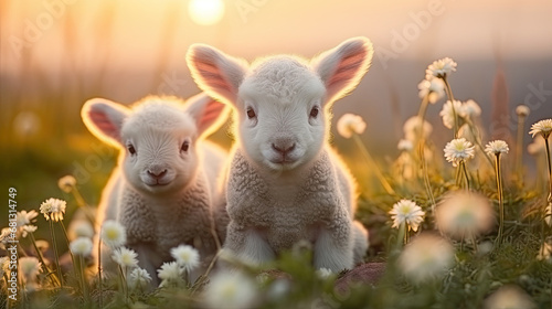  little lambs with sheep on fresh green meadow during sunrise Newborn lambs in flower field, summer landscape