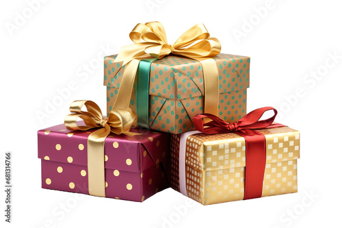 a group of christmas gifts piled, pois colors, and gold isolated on white background isolated PNG