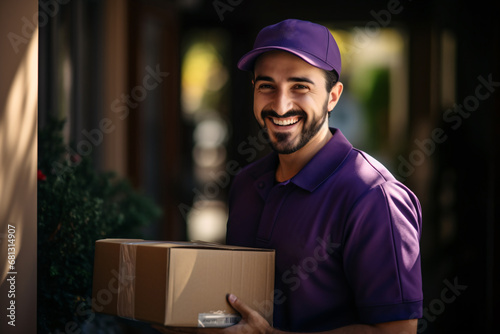 Delivery courier service. Delivery man in purple cap and uniform holding a cardboard box delivering to door of customer home. Smiling young man postal delivery man delivering package.  © Artinun