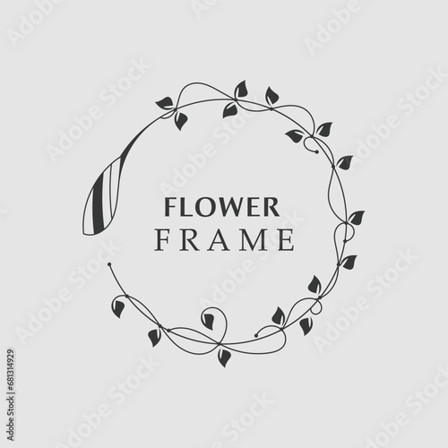 Floral frame flower round shape emblem logotype isolated on white background, leaves luxury linear logo circle style boutique