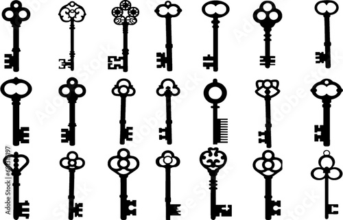 Key to success, prosperity and opportunities. Old ornate classical key vector icons set isolated on white background. Editable, easy to change color or size. eps 10. photo