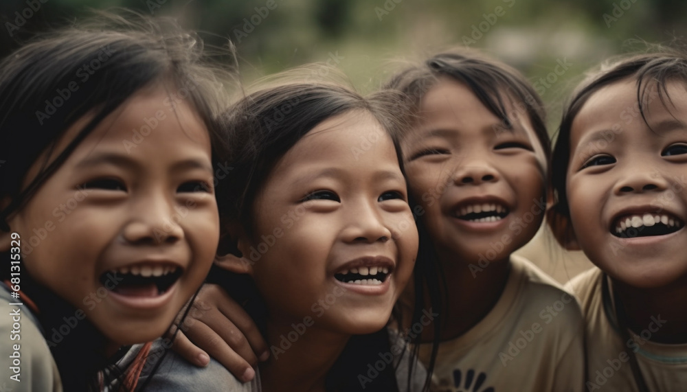 Children playing outdoors, smiling with carefree joy and excitement generated by AI Children playing outdoors, smiling with carefree joy and excitement generated by AI