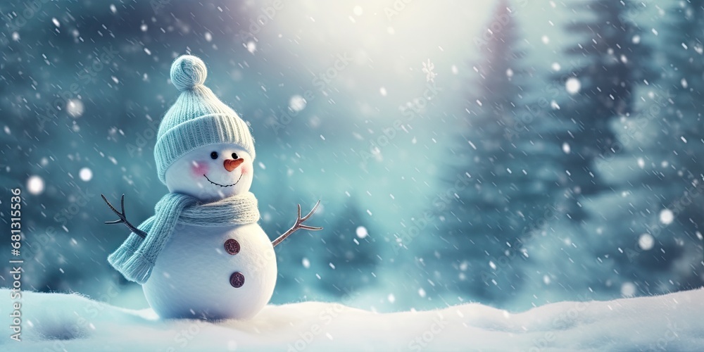 Obraz premium Cheerful snowfall delight. Winter happiness in frosty christmas landscape. Celebrating season with joyful winter scenes. Cute snowman in snowy landscape under blue sky