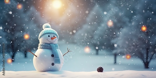 Cheerful snowfall delight. Winter happiness in frosty christmas landscape. Celebrating season with joyful winter scenes. Cute snowman in snowy landscape under blue sky © Wuttichai