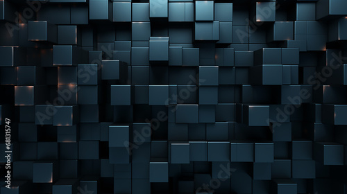 Dark squares and neon light glow abstract background. Realistic wall of cubes. black square pattern background grunge surface. Black color abstract modern luxury square 3d background. Geometric shape.