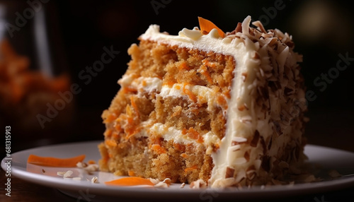 Homemade carrot cake with whipped cream and pecan decoration generated by AI