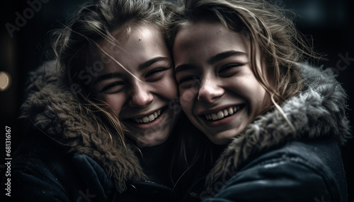 Two young women embrace in autumn, smiling with toothy joy generated by AI