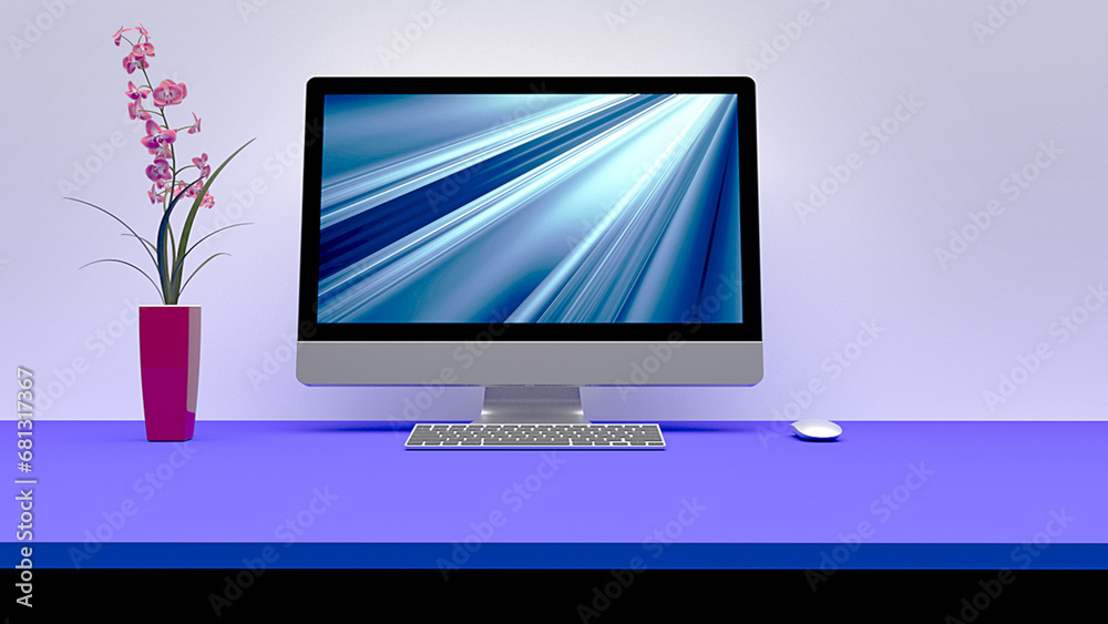 Desktop with color screen on table. Desktop with color screen on table.