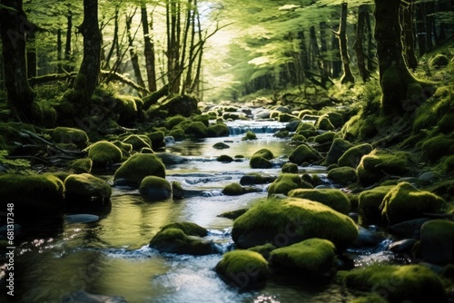 A peaceful stream flowing gently across a mossy forest floor.