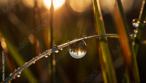 Fresh dew on green grass, reflecting beauty in nature meadow generated by AI