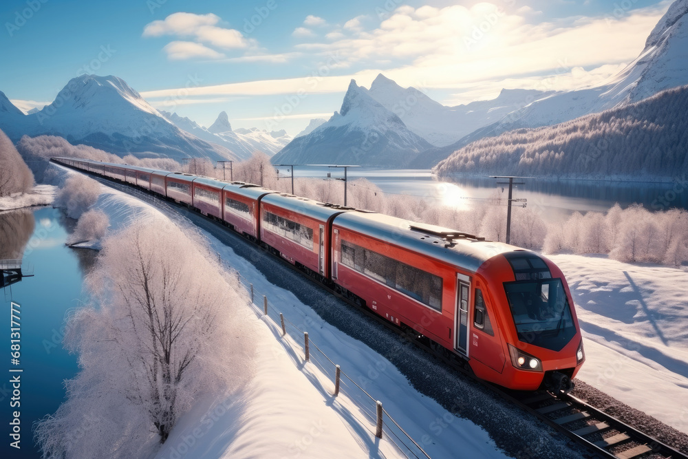 Red train traverses the magnificent snow-capped mountains, Aerial high view.