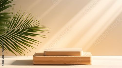 Natural wood podium with green palm leaf in white and greenmarble interior with sunlight and shadow. Showcase for cosmetic products, goods, shoes, bags, watches. © Planetz