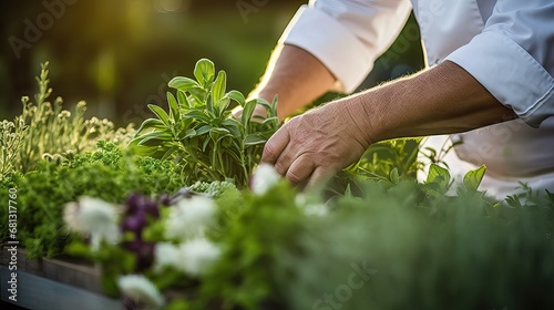 The hands of a chef selecting the best herbs and vegetables for the day's dishes at the restaurant, Generative AI.