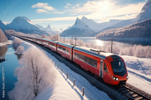 Red train traverses the magnificent snow-capped mountains, Aerial high view.