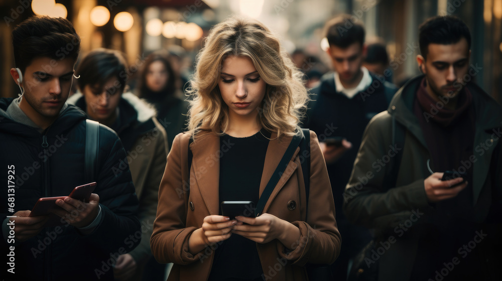 Woman and crowd of people is walking by the street and checking their smartphones at the same time in a busy city. - obrazy, fototapety, plakaty 