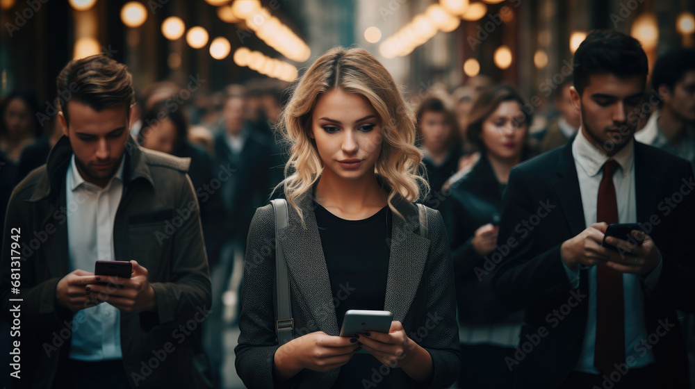 Woman and crowd of people is walking by the street and checking their smartphones at the same time in a busy city. Woman and crowd of people is walking by the street and checking their smartphones at the same time in a busy city.