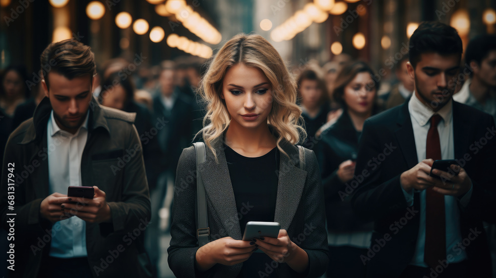 Woman and crowd of people is walking by the street and checking their smartphones at the same time in a busy city.