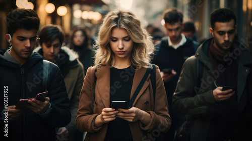 Woman and crowd of people is walking by the street and checking their smartphones at the same time in a busy city. photo