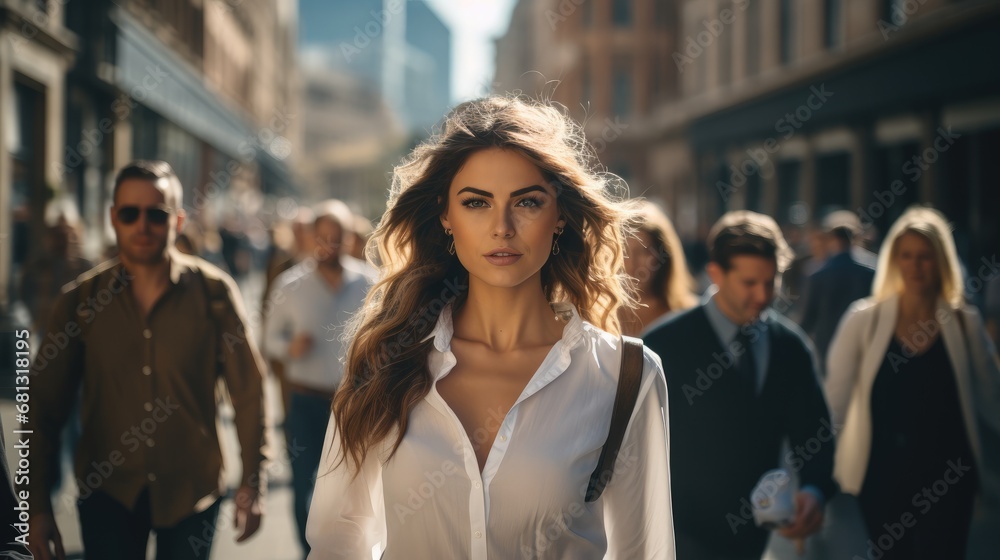 Fototapeta premium Beautiful woman walk down busy streets with steady eyes and steady steps.