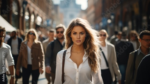 Beautiful woman walk down busy streets with steady eyes and steady steps.