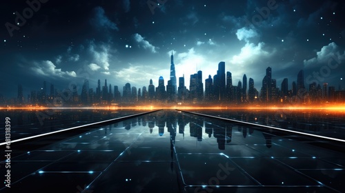 A night sky and city with pixels and dots in the style of grid-like structures. © visoot
