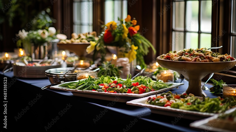 An elegantly and appetizingly arranged buffet table, in the context of a corporate event, Generative AI.
