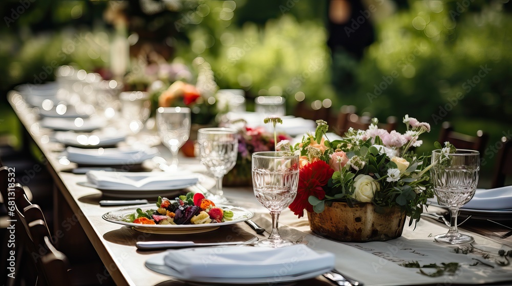 An outdoor wedding lunch table, arranged in a beautiful and elegant manner, Generative AI.