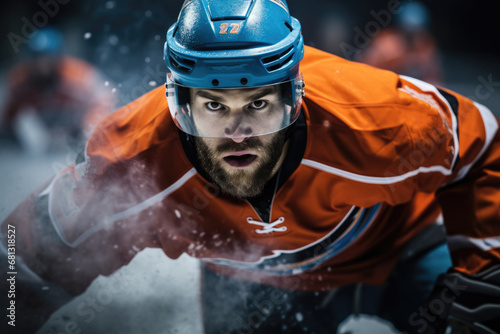 Hockey player, Focused and intense, The player determined expression.