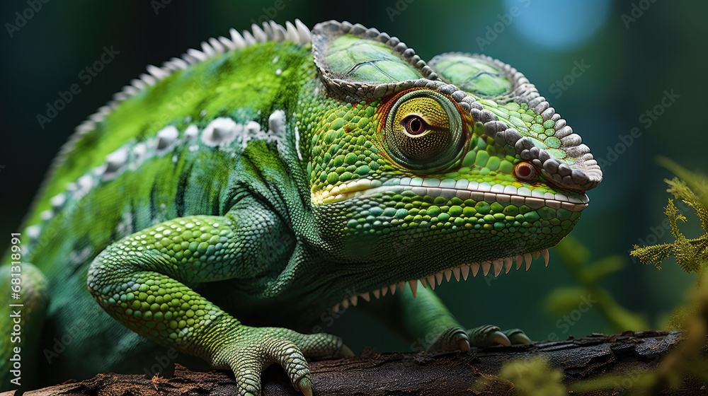 green iguana on a branch,close up  Green chameleon 