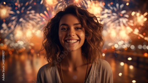 Front view of a smiling woman with fireworks in the background.