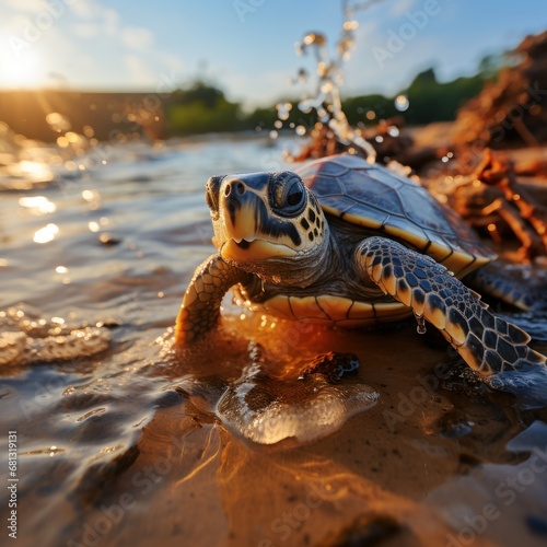 Photo of a baby turtle making its way to the sea. Generative AI